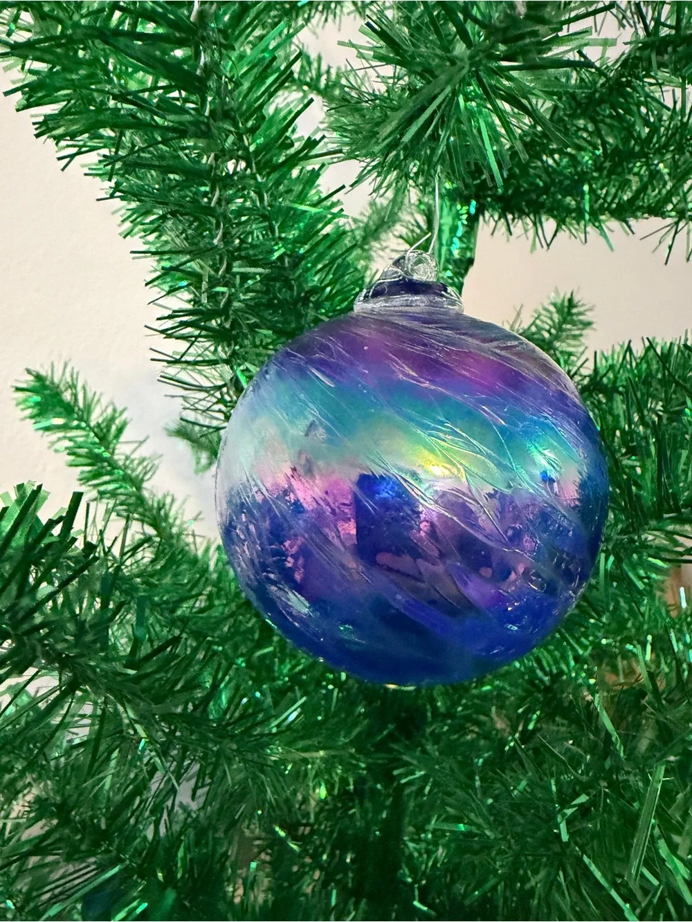 Iridescent Blue Glass Christmas Bauble Ornament Medium Swirl Stripe Hanging
